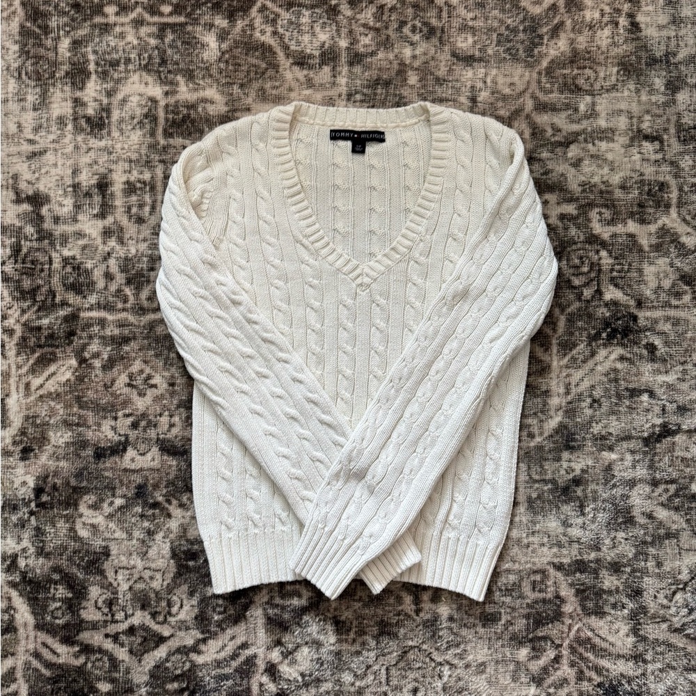 Tommy Hilfiger White Cable Knit V Neck Sweater Sz S